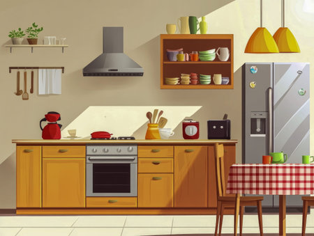 Illustrated kitchen with wooden cabinets, checkered tablecloth, and red kitchen accessories in a cozy setting.の写真素材
