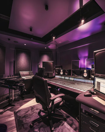 Purple themed recording studio with speakers, keyboard and professional office chair.