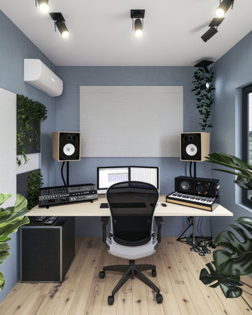 Contemporary home studio setup featuring dual monitors, speakers, and a large window overlooking greenery.の写真素材