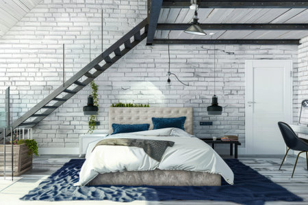 A stylish loft bedroom featuring a white brick wall, industrial lighting, and cozy modern furnishings.の写真素材