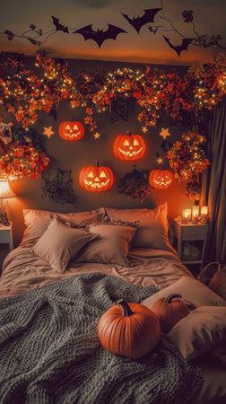A cozy bedroom decorated for Halloween, featuring glowing jack-o'-lanterns, bat decorations, string lights, and a warm festive ambiance.の写真素材
