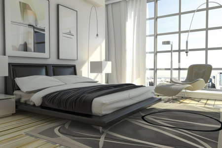 Bright modern bedroom featuring large windows with shades, soft bedding, and a cozy ambiance.の写真素材