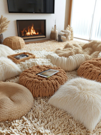 A cozy living room with soft, textured pillows and throws in neutral tones, centered around a warm fireplace, creating a relaxing boho-inspired space.の写真素材