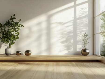 Simple and elegant room with a wooden bench, metallic vases, and sunlight streaming through a window.の写真素材