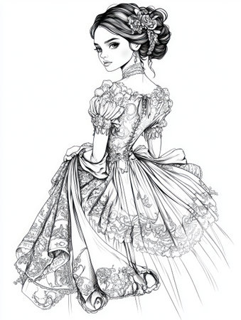 Black and white illustration of a woman in an ornate vintage dress, designed for coloring activities.の写真素材
