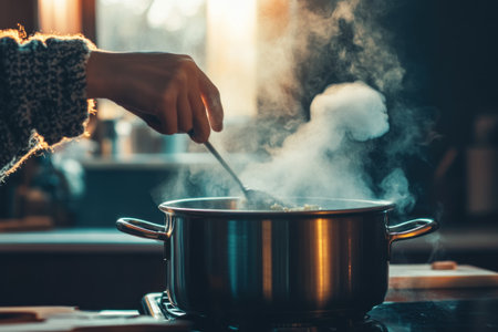 Close-up of a hand stirring a steaming pot on a stovetop with warm sunlight illuminating the scene.の写真素材