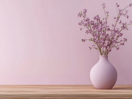 Delicate pink flowers arranged in a white vase on a rustic wooden table against a pink wall.の写真素材