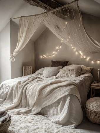 Warm, earthy bedroom with rustic wooden accents, soft textiles, and a large window overlooking nature.の写真素材