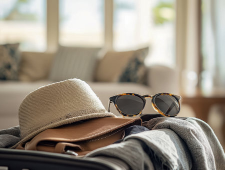 A suitcase packed with clothes, a hat, and sunglasses, placed in a bright and cozy living room, ready for travel.の写真素材
