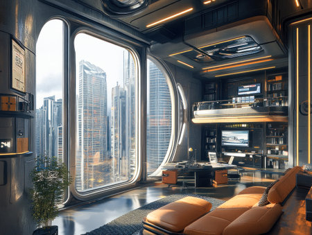 High-tech futuristic living space with large windows, advanced technology, and panoramic cityscape views.の写真素材