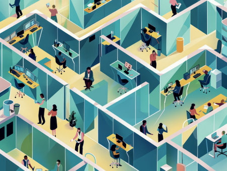 Large open-plan office space with numerous employees working at computers, featuring cubicles and a collaborative environment.の写真素材