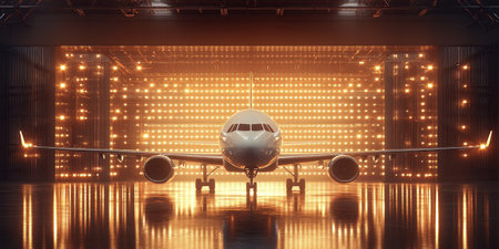 A private jet stands prominently in a spacious hangar, illuminated by warm sunlight streaming through large windows.の写真素材