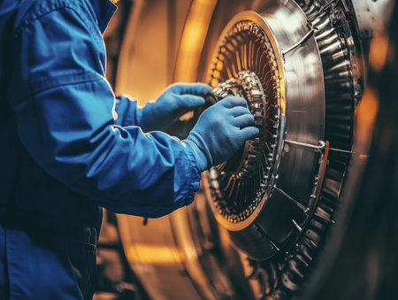 A skilled technician wearing gloves meticulously repairs and inspects complex engine components under professional lighting, highlighting precision and expertise.の写真素材