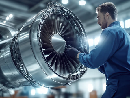A focused aviation technician wearing a hard hat, safety glasses, and headphones uses a tablet to inspect a jet engine under bright lighting in a maintenance hangar.の写真素材