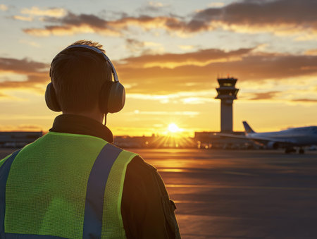 A ground crew member wearing a headset and safety vest observes runway operations at sunset, with the control tower and airplane in the background.の写真素材