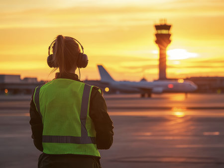 A ground crew member wearing a headset and safety vest observes runway operations at sunset, with the control tower and airplane in the background.の写真素材
