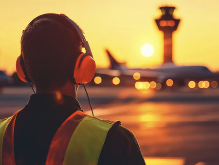 A ground crew worker wearing ear protection and a safety vest observes the airport runway at sunset, with the control tower in the background.の写真素材