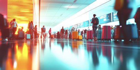 A bustling airport terminal filled with travelers carrying luggage, illuminated by bright lights with reflective floors and modern displays.の写真素材