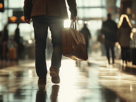 A traveler carrying a briefcase walks through a brightly lit airport terminal with reflections on the polished floor and a warm atmosphere.の写真素材