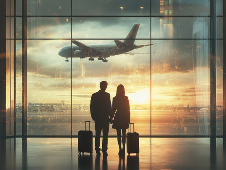 Silhouettes of a couple standing with luggage inside an airport terminal, gazing at a vibrant sunset and airplane outside.の写真素材