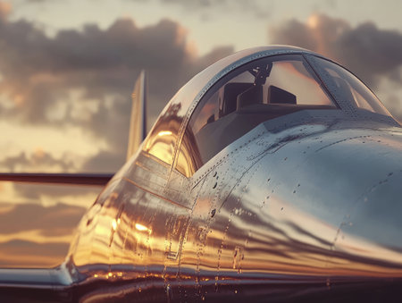 Close-up view of a vintage aircraft cockpit with reflective metal and sunset sky in the background.の写真素材