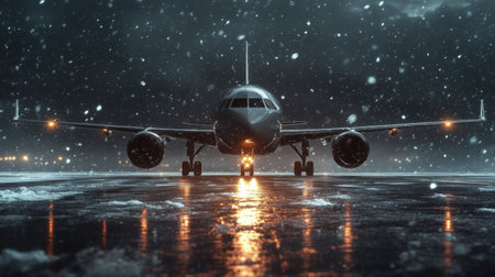 Front view of an airplane on a wet runway with heavy snowfall and glowing airport lights at night.の写真素材