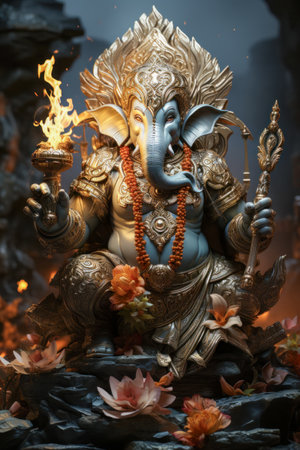 A detailed, ornate Ganesha statue adorned with golden and blue embellishments, symbolizing prosperity and wisdom.の素材