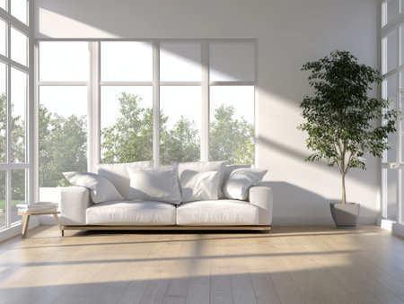 A minimalist living room featuring a white sofa, large windows, and natural light, creating a bright and airy atmosphere.の写真素材