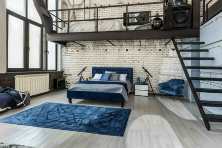 A stylish loft bedroom featuring a white brick wall, industrial lighting, and cozy modern furnishings.の素材
