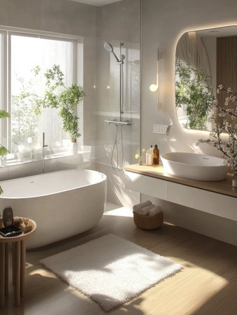A bright, modern bathroom with a freestanding bathtub, large mirror, and plants by the window.の素材