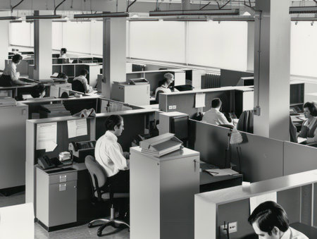 Large open-plan office space with numerous employees working at computers, featuring cubicles and a collaborative environment.の素材