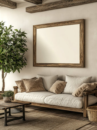 A cozy living room featuring rustic decor, textured pillows, and a landscape artwork, creating a warm and inviting atmosphere.の素材