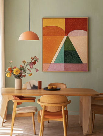 Contemporary living room with a bright abstract painting and a comfortable seating areaの素材