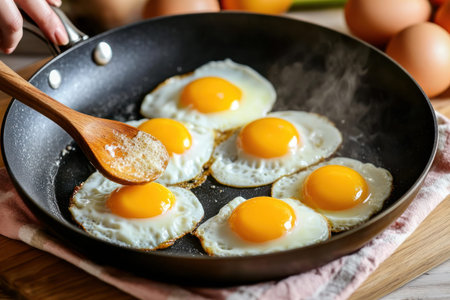A close-up shot of sunny side up eggs being cooked in a frying pan with a wooden spoon stirring the...