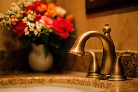A close-up shot of a bathroom sink with a brass faucet, granite countertop, flowers, and soft...