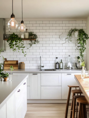 Bright minimalist kitchen featuring white subway tiles, hanging Edison bulbs, and wooden stools with...