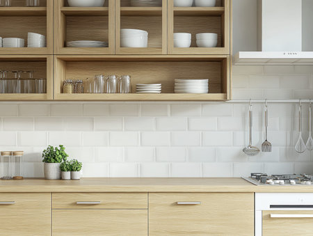 Bright and simple kitchen featuring light wood cabinets, open shelving, and a white tiled backsplash...