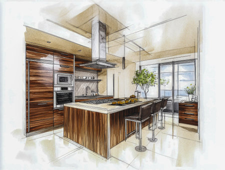 Artistic rendering of a kitchen featuring a central island and modern appliances.の写真素材