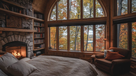 Warm rustic bedroom featuring a stone fireplace, large window, and scenic autumn forest views.