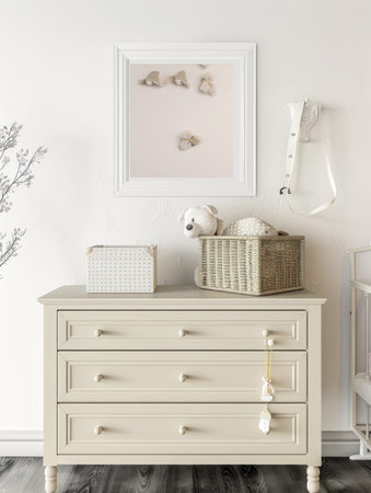 Minimalist dresser setup featuring neutral tones, wicker basket, and soft natural light, creating a...