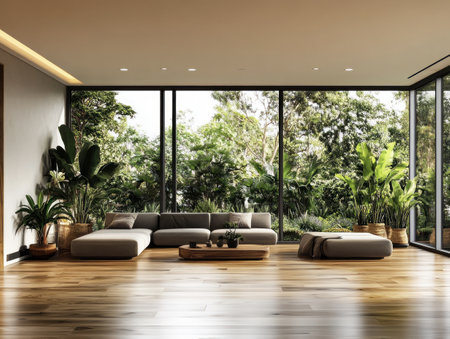 Spacious living room with panoramic windows, surrounded by greenery, modern furniture, and natural light.の写真素材