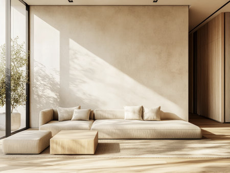 A minimalist living room featuring a white sofa, large windows, and natural light, creating a bright and airy atmosphere.の写真素材