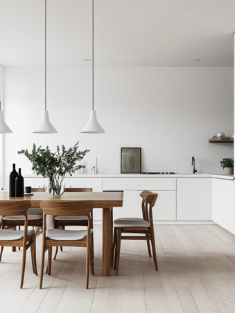 Stylish dining room with a wooden table, black chairs, and hanging pendant lights.