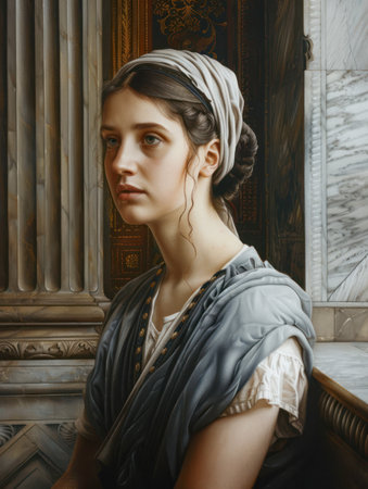 Realistic portrait of a Roman woman wearing a yellow headscarf, standing near ancient columns, with a serene expression.の素材