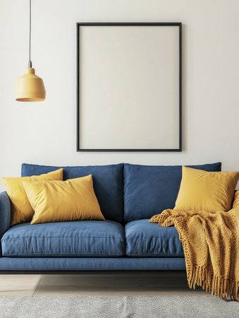 Modern living room featuring a blue sofa with yellow and beige cushions, pampas grass, and a round coffee table. Generative AI.の素材