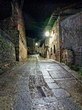 A quiet cobblestone street in Vinuesa, Soria, Spain, lit by vintage streetlights, showcasing...