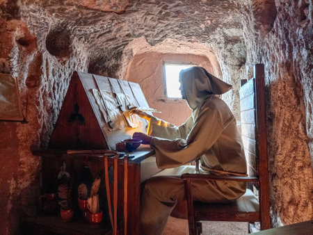 Medieval monk copying manuscripts inside a cave monasteryの写真素材