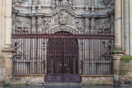 Intricately carved Baroque faade of Santa Maria de la Redonda in Logrono, Spain, featuring religious sculptures and elaborate architectural details.の写真素材