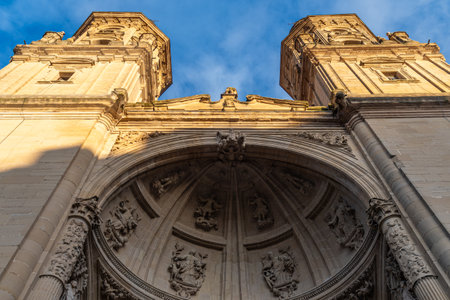 Intricately carved Baroque faade of Santa Maria de la Redonda in Logrono, Spain, featuring religious sculptures and elaborate architectural details.の写真素材