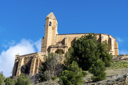 Ancient castle and church of Santa Maria la Mayor in San Vicente de la Sonsierra, La Rioja, Spain, with medieval architecture and scenic sky.の写真素材
